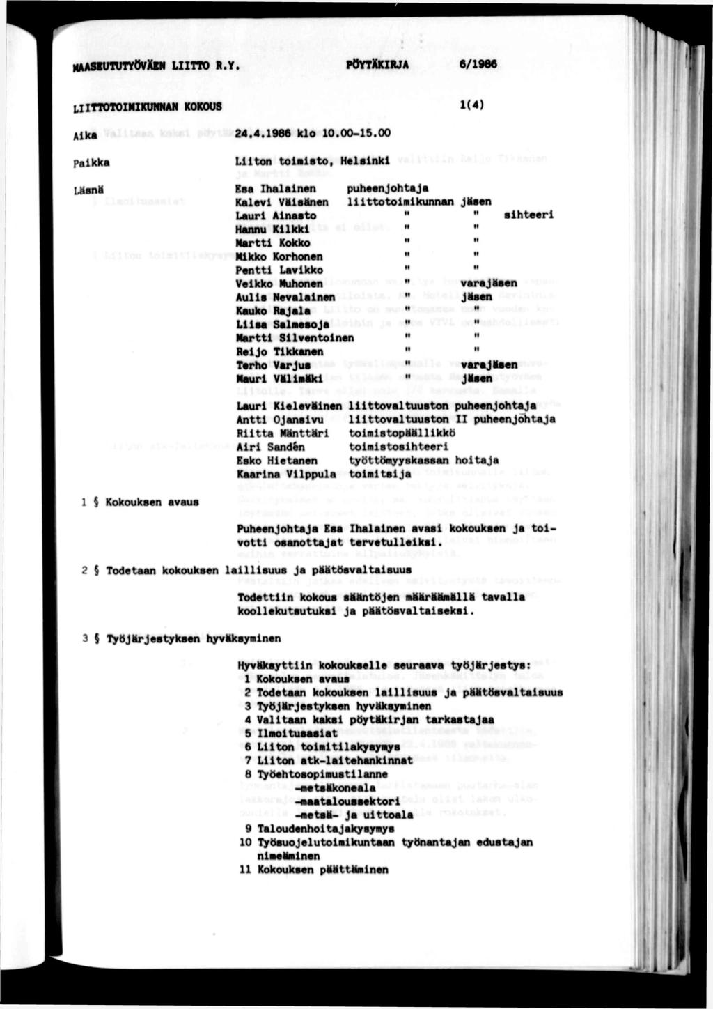 luasulvtyovxbll LTTO R.Y. poytxkua 6/1066 lttotomkunna kokous 1(4)! 1 ( P k Aka 24.4.1986 klo 10.00-15.