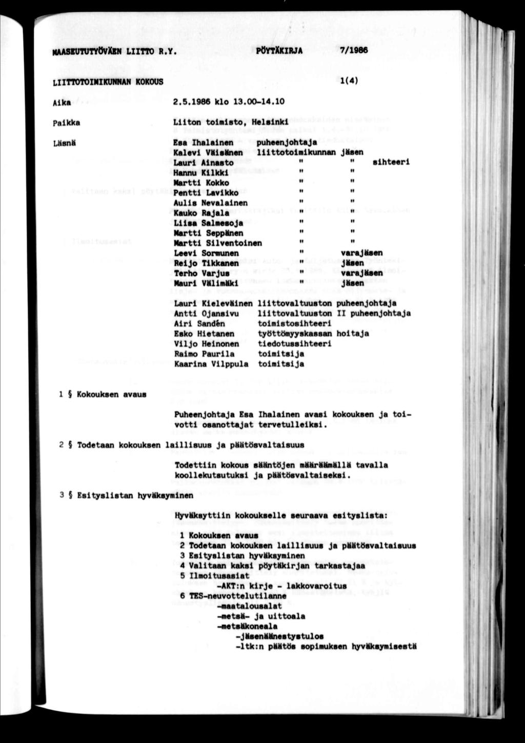 MAASBUTUTYOVXBN Lmo R.Y. porrxcua 7/1086 lttotonkunnan kokous 1(4) Aka Pakka Usntf 2.5.1986 klo 13.00-14.