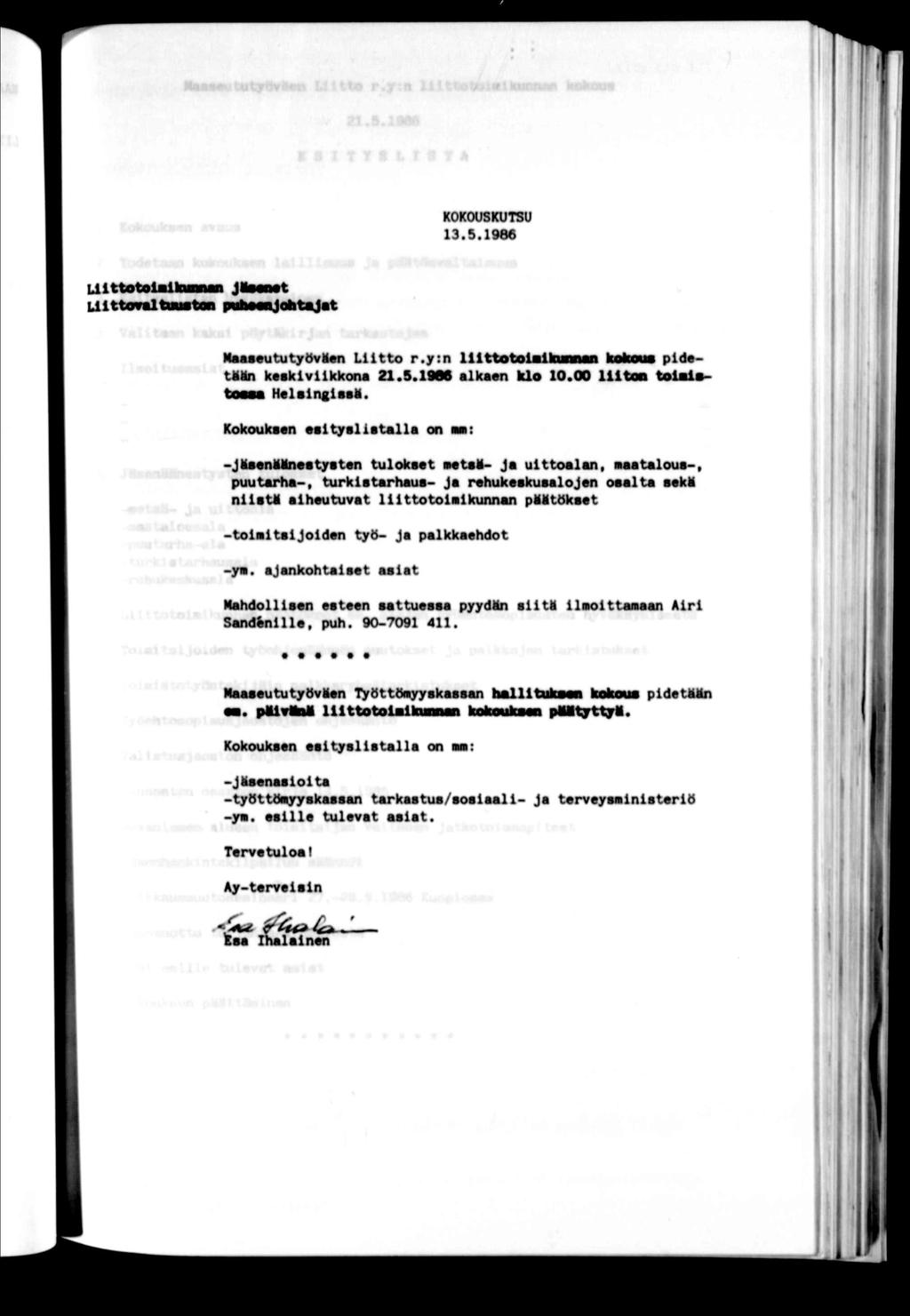 ÍM o KOKOUSKUTSU 13.5.1966 Uttofal NMMututjrOvlton Ltto r.y:n llttotolahn kolms pld«- tllän keskvkkona 21.9.1986 alkaen klo 10.00 ltoa tolau- HelsngaaM.