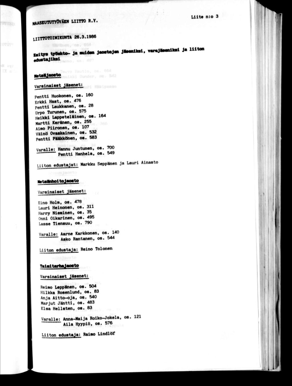^^y^sututyövxbn LTTO R.Y. Lt«n:o 3 Torommnk 26.3.198 g^tya taröato- J«eaustlüte jmtttj«jlwdksl, wümbk^ J* Varenae»t Jltowt: Pentt Huokonen, o«. 160 Brkkl Hast, os. 476 Pentt Laukkanen, oa.