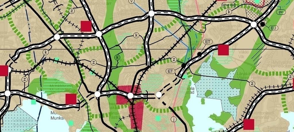 MERKNNÄT Taajamatoimintojen alue Keskustatoimintojen alue Virkistysalue Viheryhteystarve Luonnonsuojelualue Energia- ja/tai jätehuoltoon varattu alue Yhdyskuntateknisen huollon alue