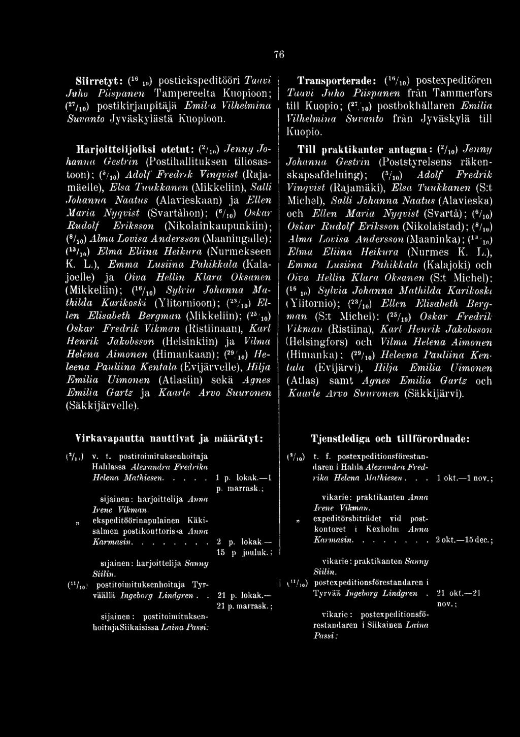 ), Emma Lusiina Pahikkala (Kalajoelle) ja Oiva Hellin Klara Oksanen (Mikkeliin); (16/10) Sylvia Johanna Mathilda Karikoski (Ylitornioon); (2*/j0) Ellen Elisabeth Bergman (Mikkeliin); (2ä/10) Oskar