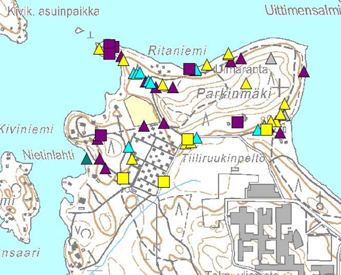 7 Kuva 7. Parkinmäen lepakkohavainnot vuonna 2013. 5 LUONTOARVOILTAAN MERKITTÄVÄT KOHTEET Kohteiden rajaukset on esitetty kuvissa 10 ja 20 sekä liitteessä 1.