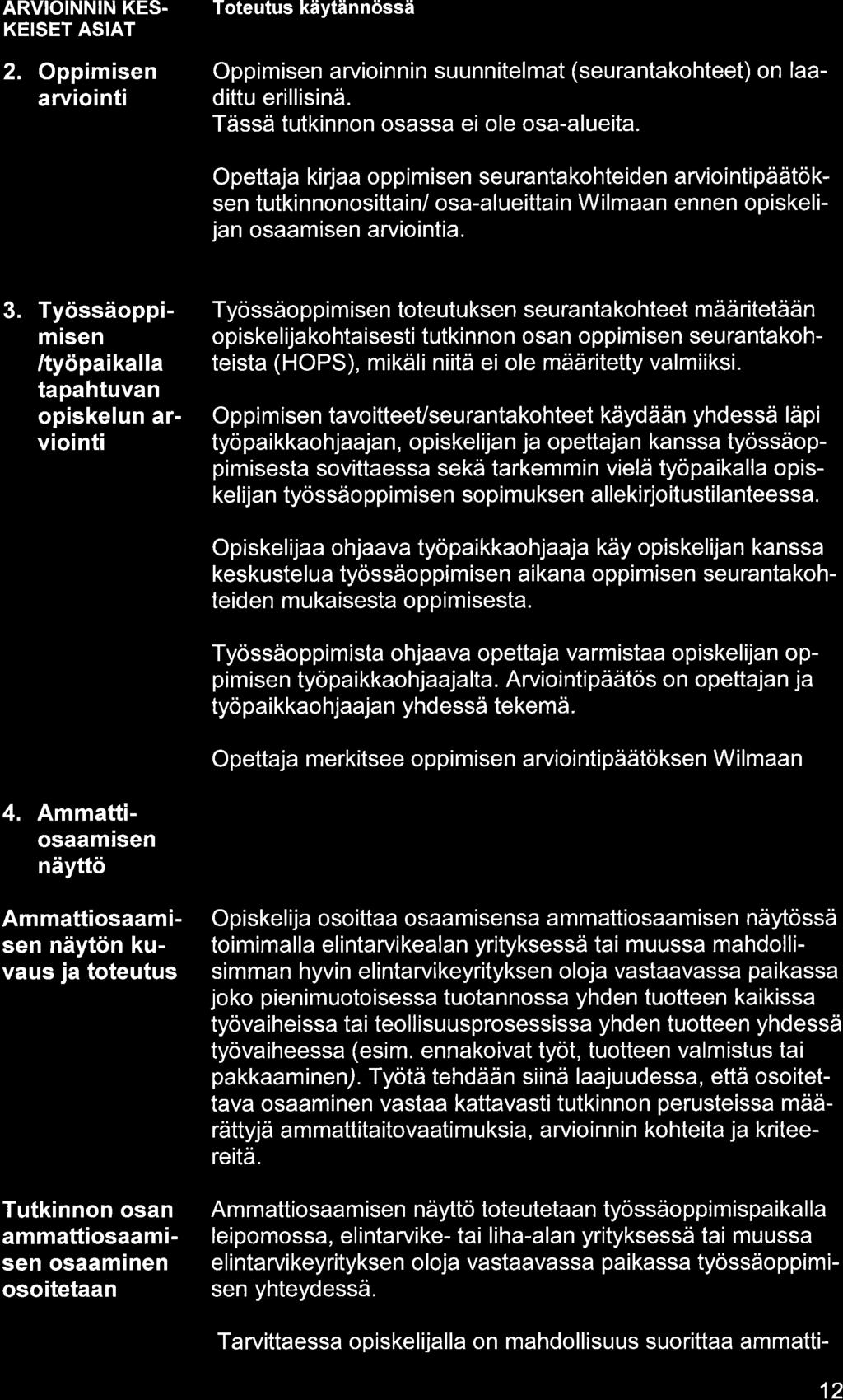 ARVIOINNIN KES. KEISET ASIAT 2. Oppimisen rv o nt Oppimisen rvioin nin suunnitelmt (seurntkohteet) on ldittu erillisinä. Tässä tutkinnon osss ei ole os-lueit.