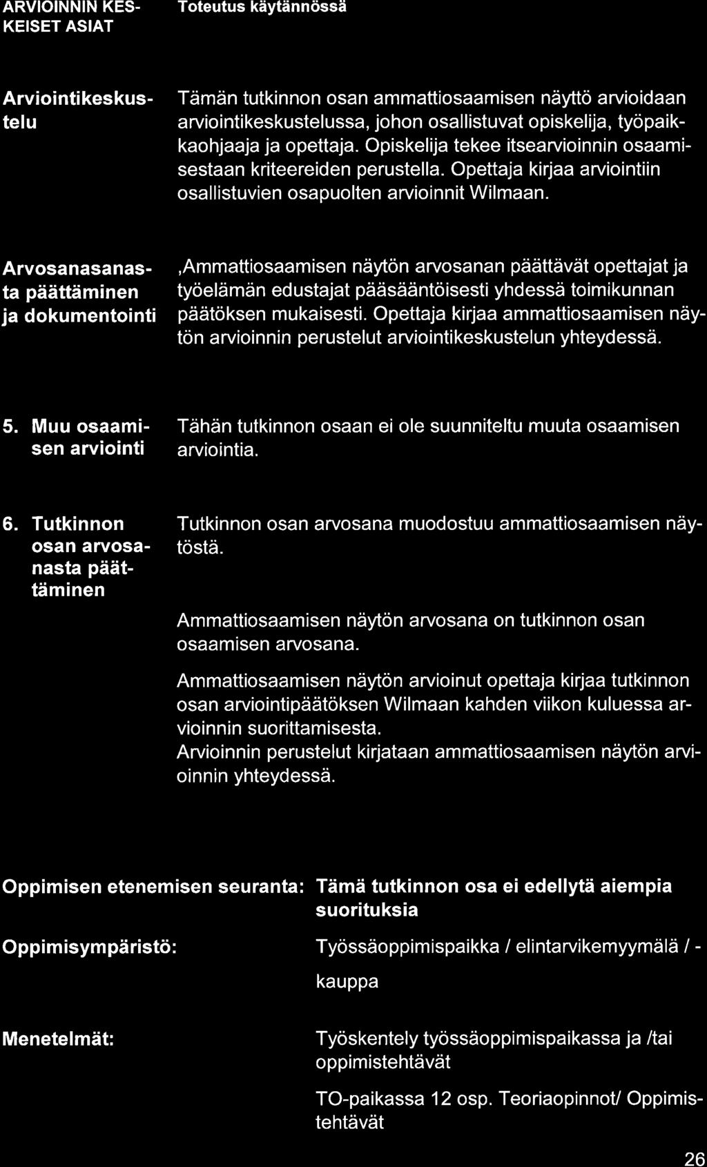 ARVIOINNIN KES- KEISET AS AT Tämän tutkinnon osn mmttiosmisen näyttö rvioidn rviointikeskusteluss, johon osl listuvt opiskelij, työpikkohjj j opettj.