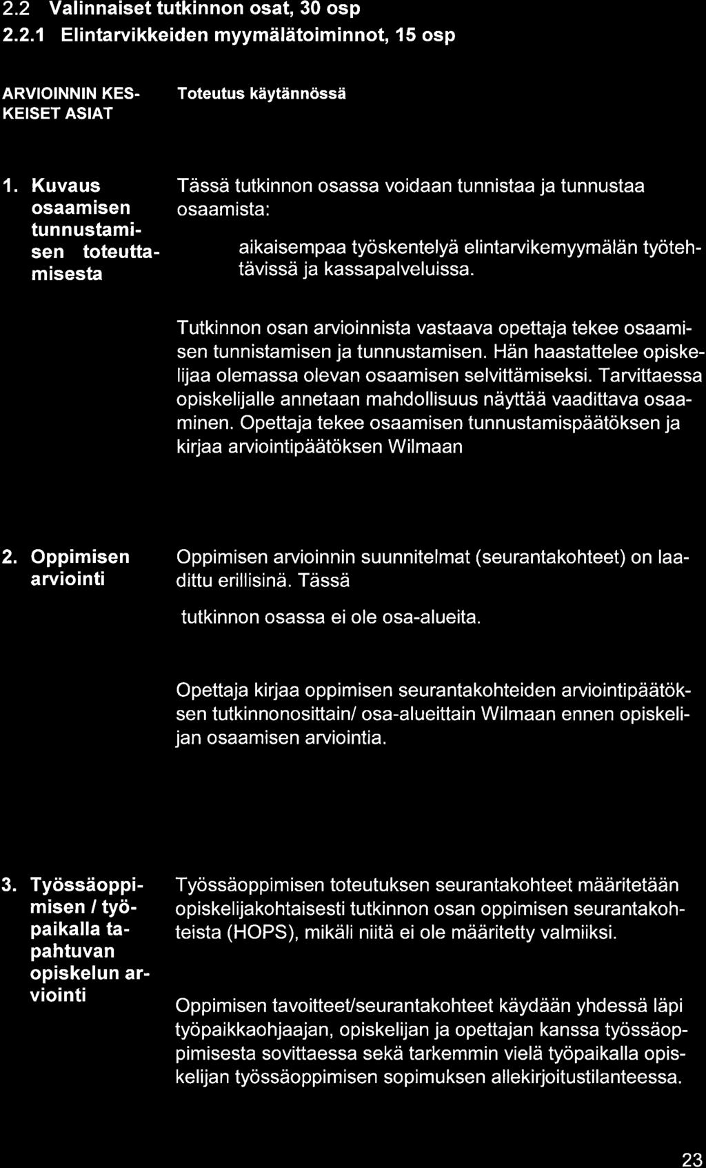 2.2 Vlinniset tutkinnon ost, 30 osp 2.2.1 Elintrvikkeiden myymälätoiminnot, 15 osp ARVIOINNIN KES. KEISET ASIAT 1.