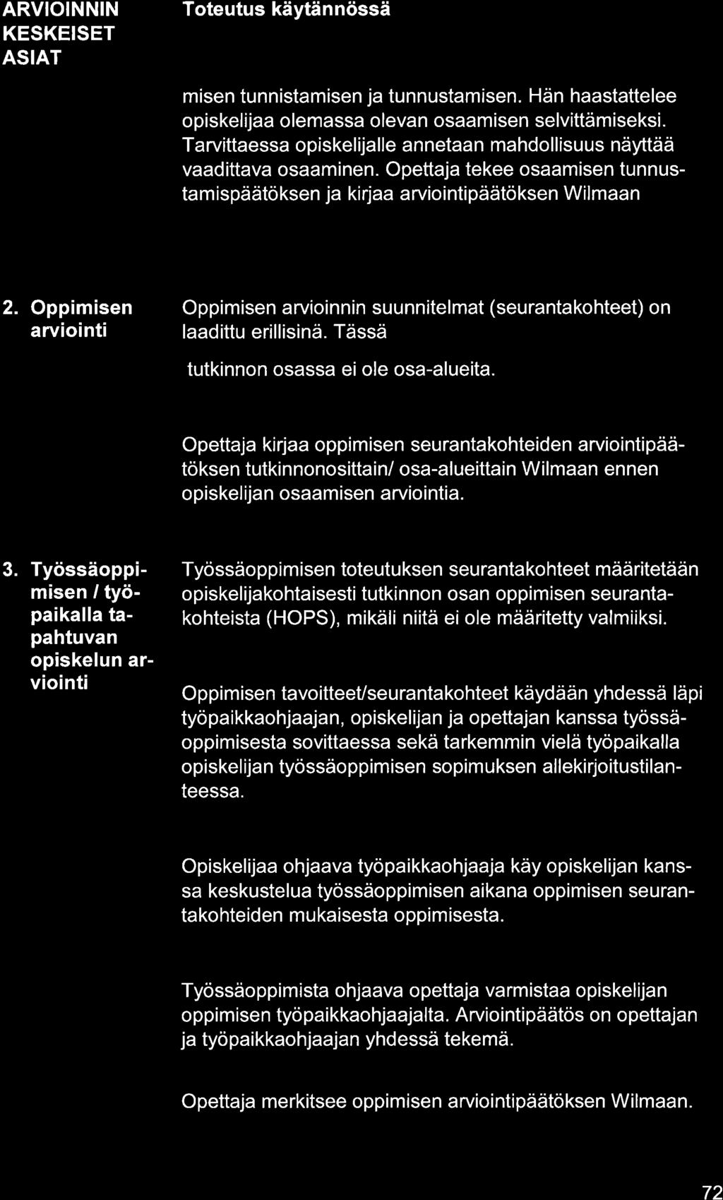 ARVIOINNIN KESKEISET ASIAT misen tunnistmisen j tunnustmisen. Hän hstttelee opiskelij olemss olevn osmisen selvittämiseksi. Trvittess opiskelijlle nnetn mhdollisuus näyttää vdittv osminen.