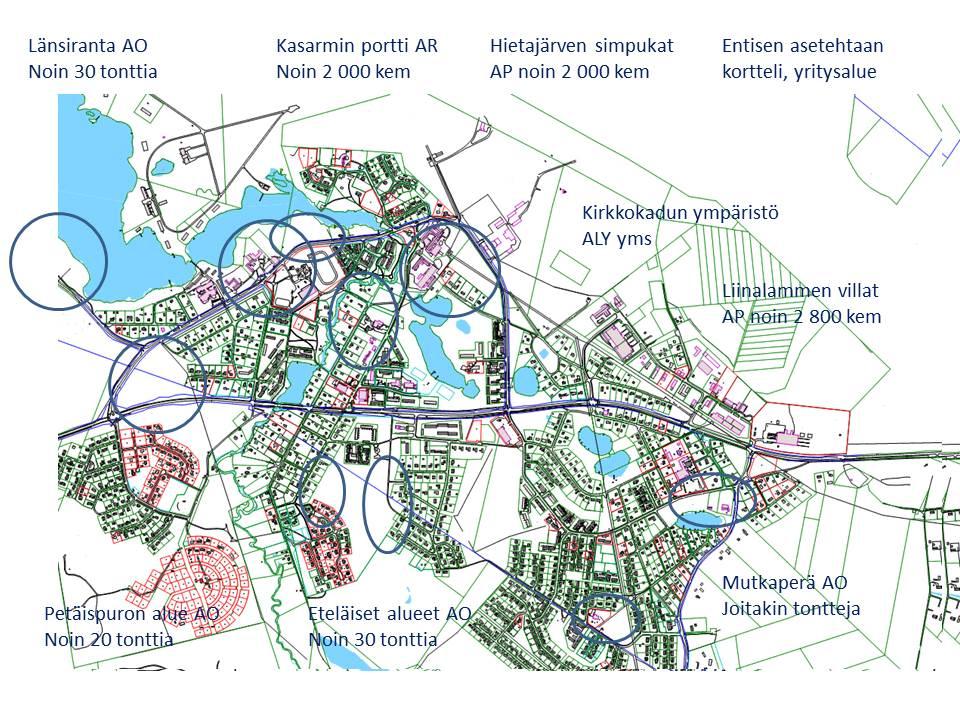 T i k k a k o s k e n k e h i t t ä m i s s u u n n i t e l m a T ä y d e n n y s r a k e n t a m i n e n AO-tontteja n. 80 kpl AP-tontteja n.