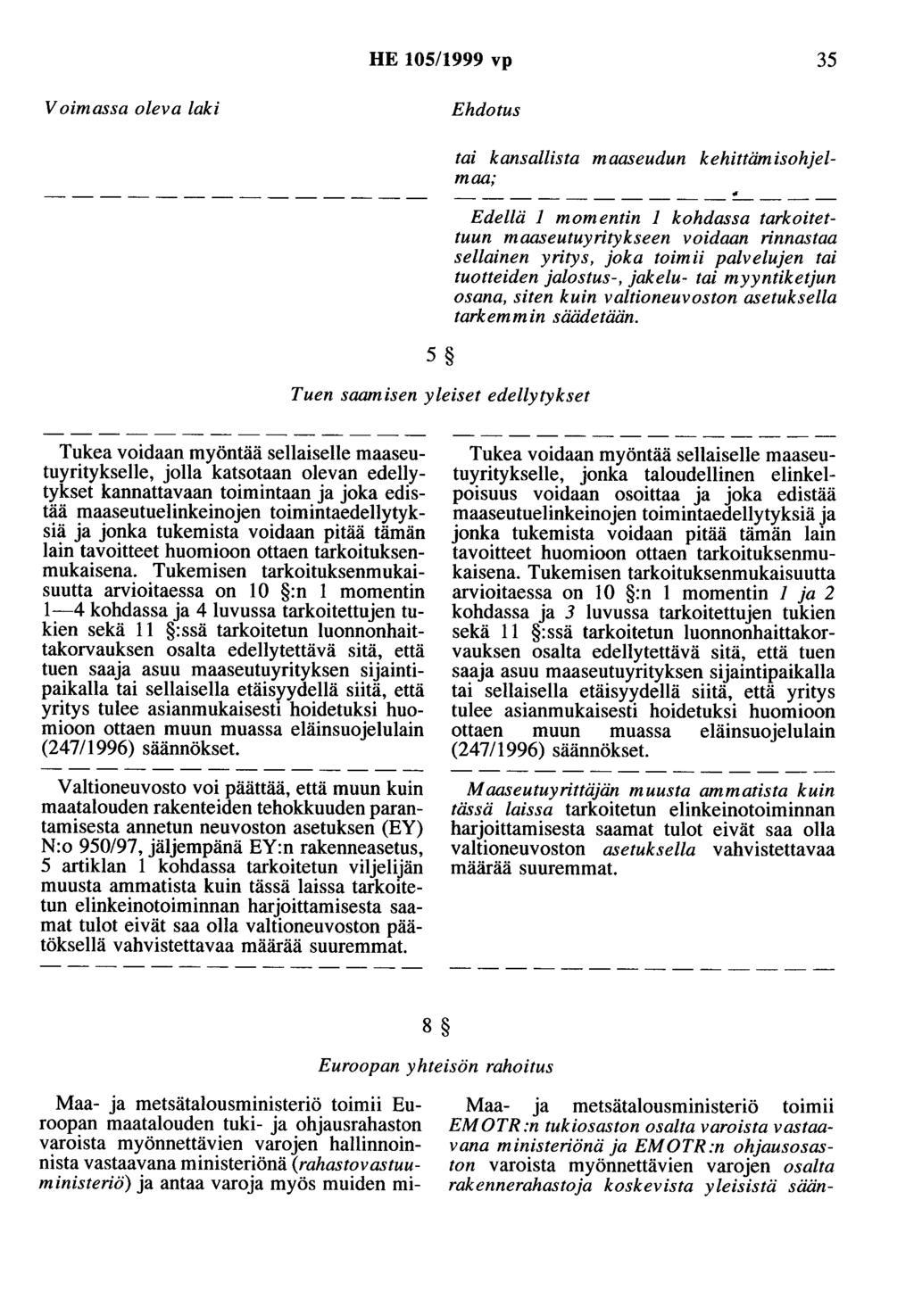 HE 105/1999 vp 35 Voimassa oleva laki Ehdotus 5 Tuen saamisen yleiset edellytykset tai kansallista maaseudun kehittämisohjelmaa; ----------~--- Edellä 1 momentin 1 kohdassa tarkoitettuun