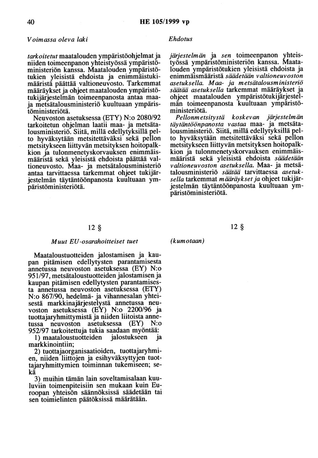 40 HE 105/1999 vp Voimassa oleva laki tarkoitetut maatalouden ympäristöohjelmat ja niiden toimeenpanon yhteistyössä ympäristöministeriön kanssa.