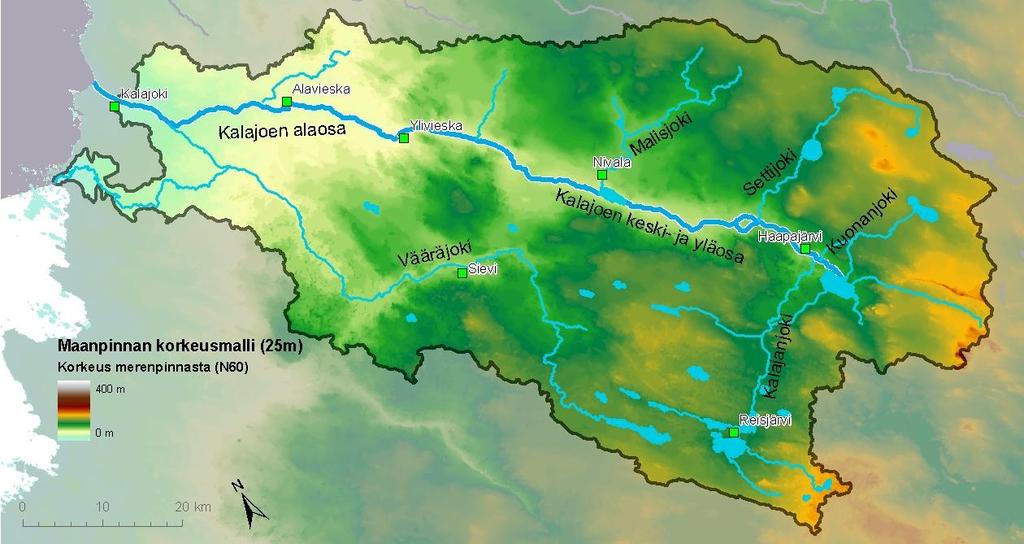 Kuva 2-4. Korkeussuhteet Kalajoen vesistöalueella.