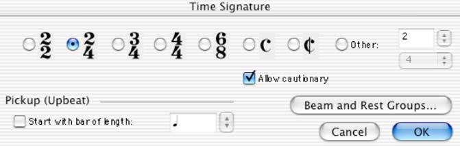 Time signature 12. Time signature Tahtilaji muutetaan tällä komennolla (tai kirjain T). Valitse sopiva tahtilaji, Otherkenttään voi sommitella harvinaisempia tahtiosoituksia.