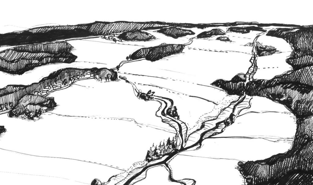 Maisemakuvaus Mutkittelevan joen molemmin puolin levittäytyvät jokea myötäilevät peltorinteet. Jokirannassa on myös niittyjä ja laidunalueita.
