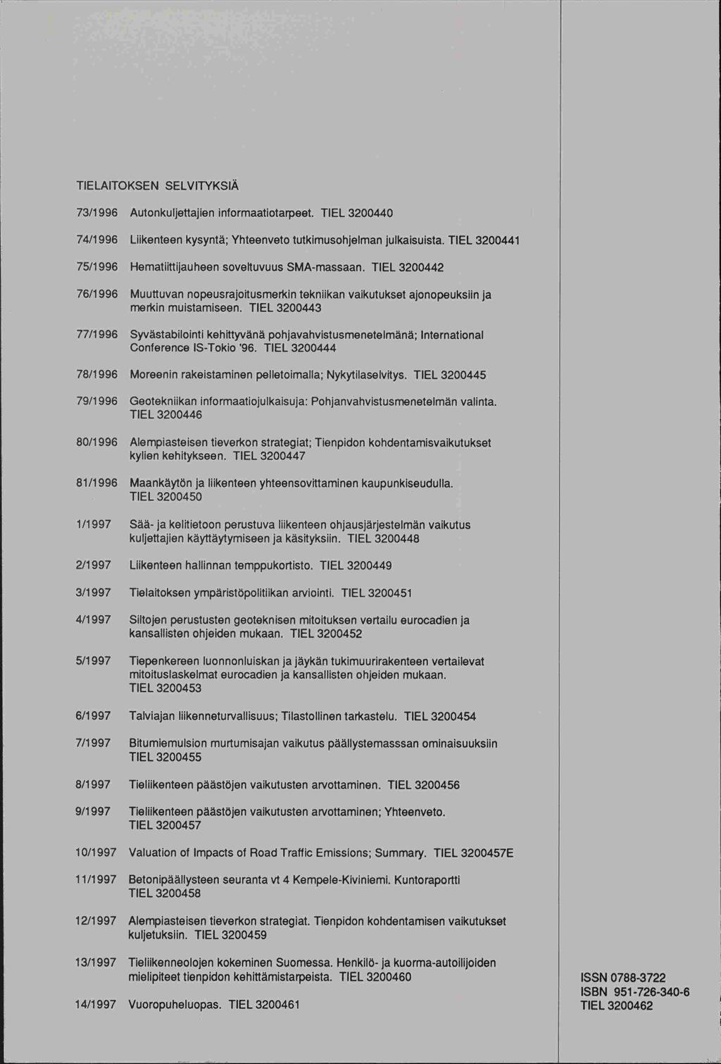 TIELAITOKSEN SELVITYKSIÄ 73/1996 Autonkuljettajien informaatiotarpeet. TIEL 3200440 74/1996 Liikenteen kysyntä; Yhteenveto tutkimusohjelman julkaisuista.