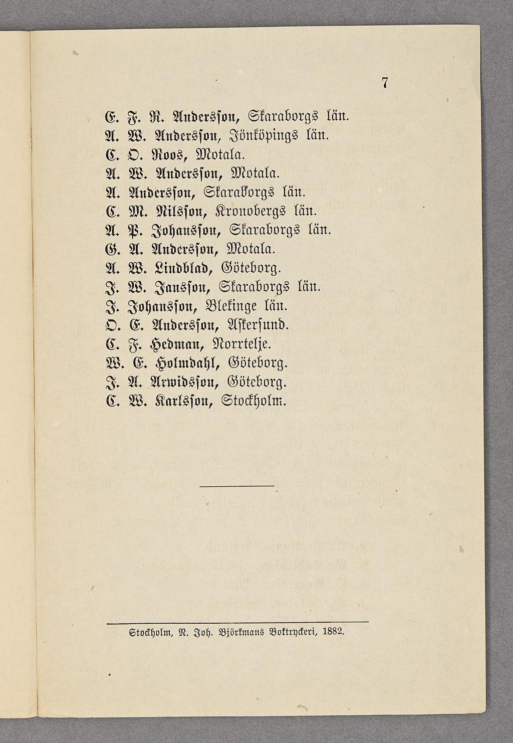E. F. R. Andersson, Skaraborgs län. A. W. Andersson, Jönköpings län. C. O. Roos, Motala. A. W. Andersson, Motala. A. Andersson, Skaraborgs län. -. M. Nilsson, Kronobergs län. C A. P.