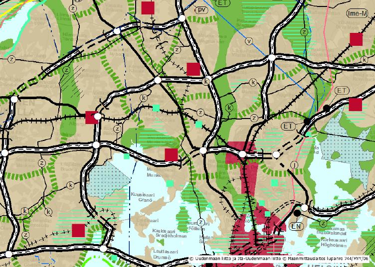Kuva: Ote Uudenmaan maakuntakaavasta (lähde: Uudenmaanliiton karttapalvelu 2/2015 Uudenmaan liitto ja Itä-Uudenmaan liitto, Maanmittauslaitos lupa nro 744/MYY/06).