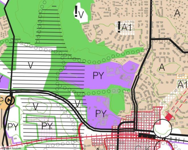 Kuva: Suunnittelualueen sijainti ortoilmakuvapohjalla Espoo kaupunki 2013. Alueen nykytilanne Lintukorpi-kadun pohjoispuolella on yhdestä kahteen kerroksista rivitalo- ja omakotialuetta.