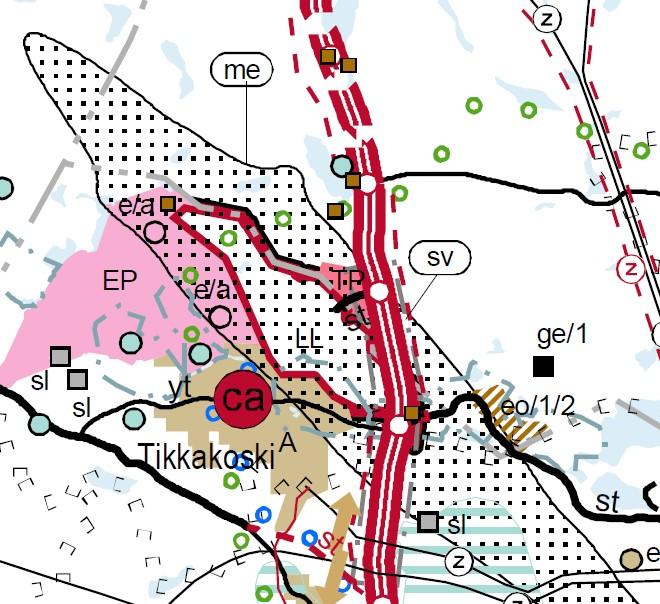Suunnittelualueelle sijoittuvat seuraavat maakuntakaavan mukaiset merkinnät: - Melualue (me). Tikkakosken lentoaseman melualue.