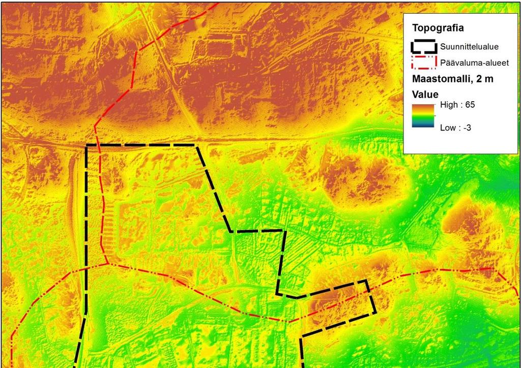 5 Kuva 2 Suunnittelualueen topografia Suunnittelualue on tiheään rakennettu, ja alueen maaperätietoja ei ole saatavilla kattavasti GTK:n tietokannassa (Kuva