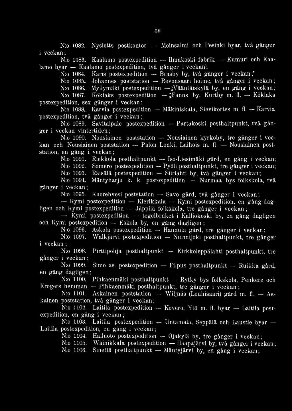 Johannes poststation Revonsaari holme, två gånger N:o 1086. Myllymäki postexpedition ^Vääntäiskylä by, en gång N:o 1087. Köklaks postexpedition jfanns by, Kurtby m. fl.