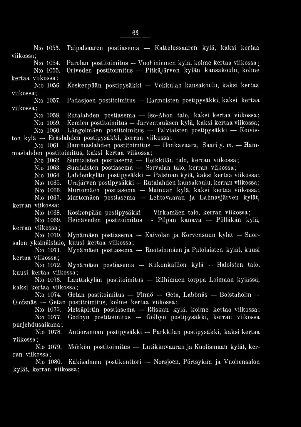 Hammaslahden postitoimitus, kaksi kertaa N:o 1062. N:o 1063. N:o 1064. N:o 1065. N:o 1066. N:o 1067. kerran N:o 1068. N:o 1069.