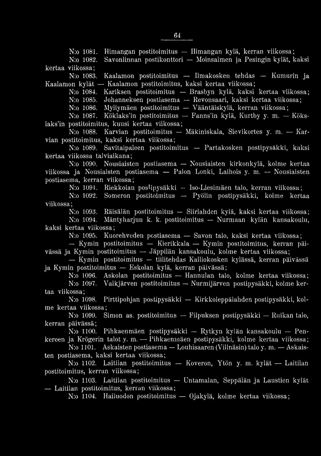 Savitaipaleen postitoimitus Partakosken postipysäkki, kaksi kertaa viikossa talviaikana; Nro 1090.