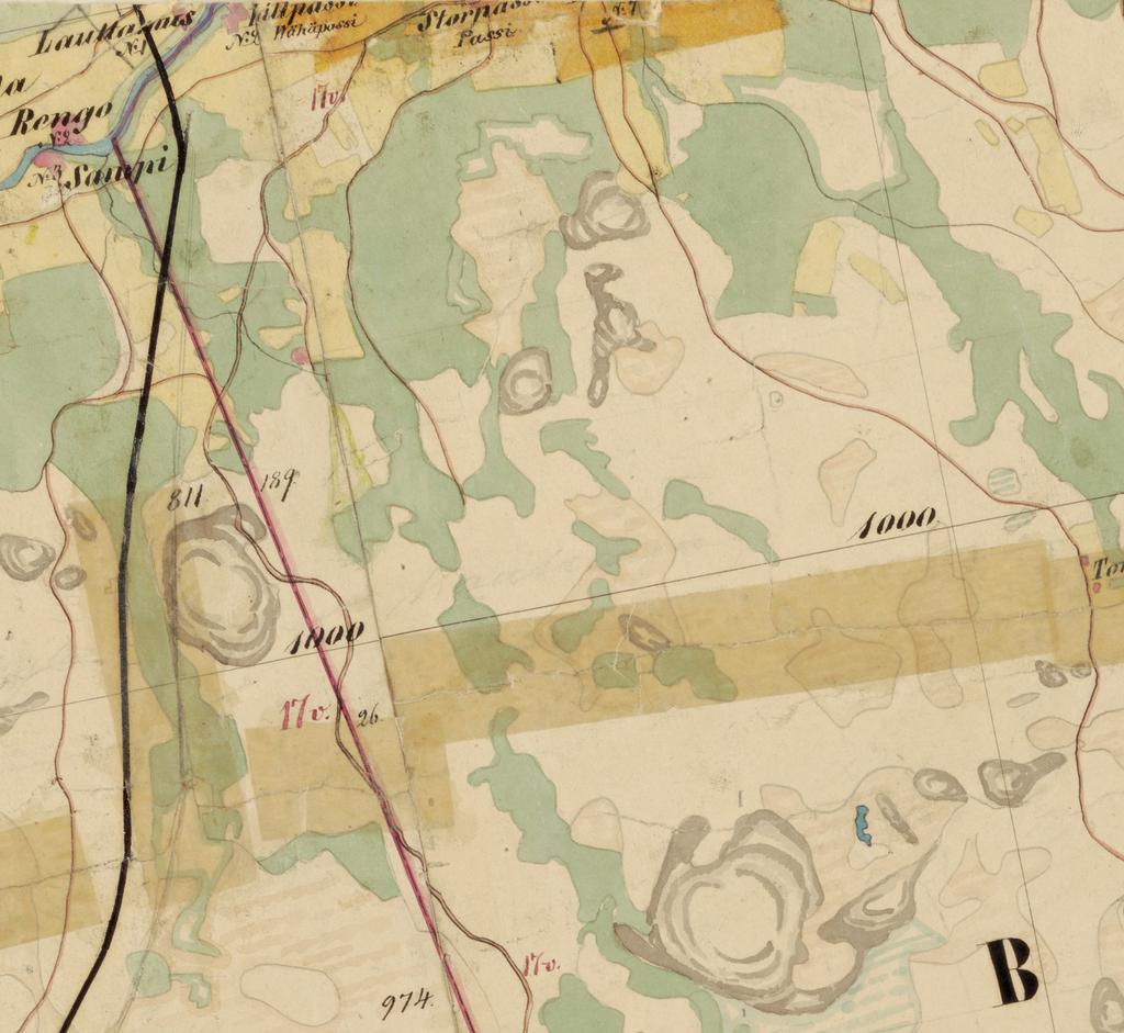 10 Ote 1800-luvun puolivälin pitäjänkartasta, kohdealue Iso-Passin alapuolella on asumatonta, kartalle merkityistä