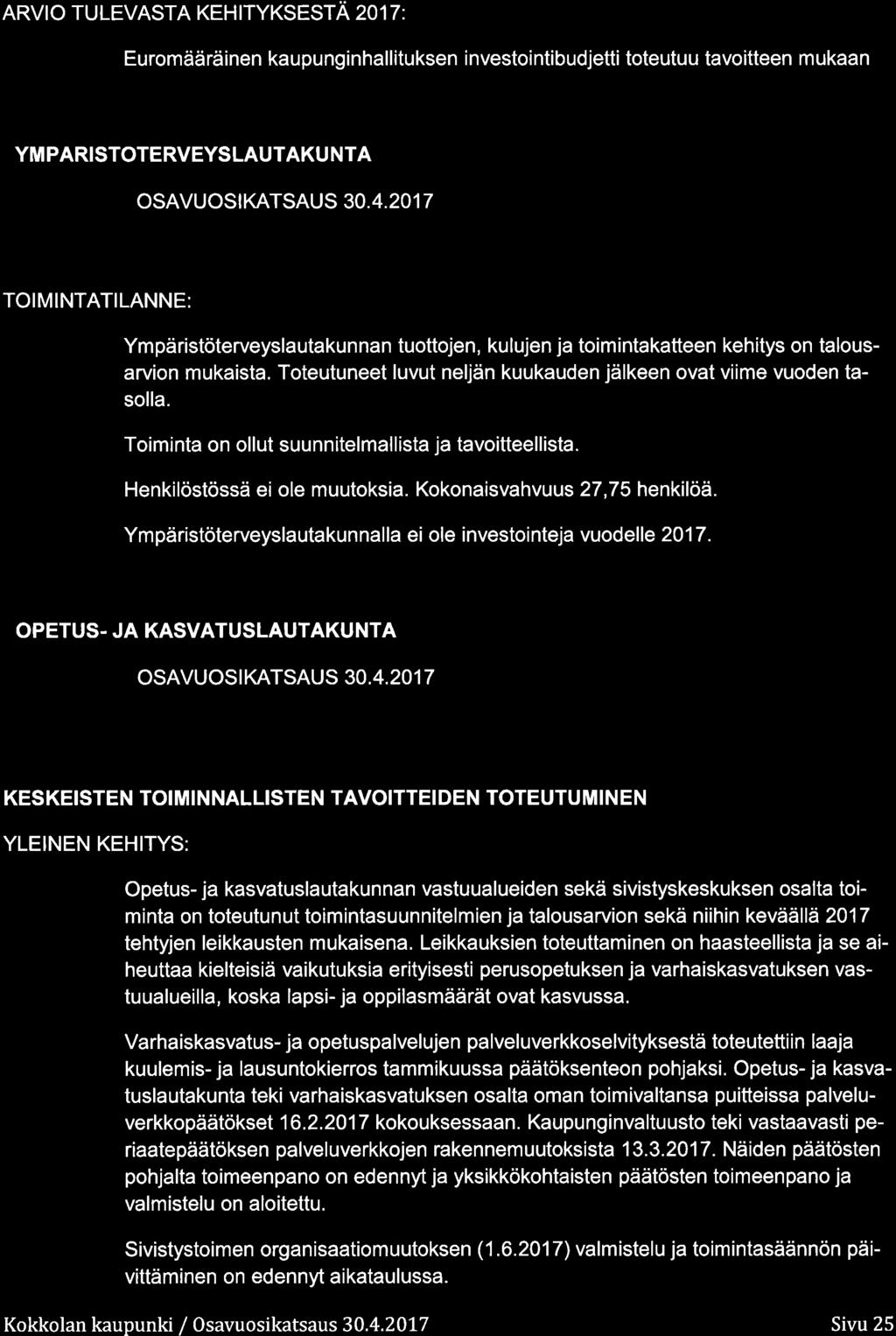 ARVIO TULEVASTA KEHITYKSESTÄ 217 : Eurmääräinen kaupunginhallituksen investintibudjetti tteutuu tavitteen mukaan YM PARISTOTERVEYSLAUTAKU TA OSAVUOSIKATSAUS 3.4.