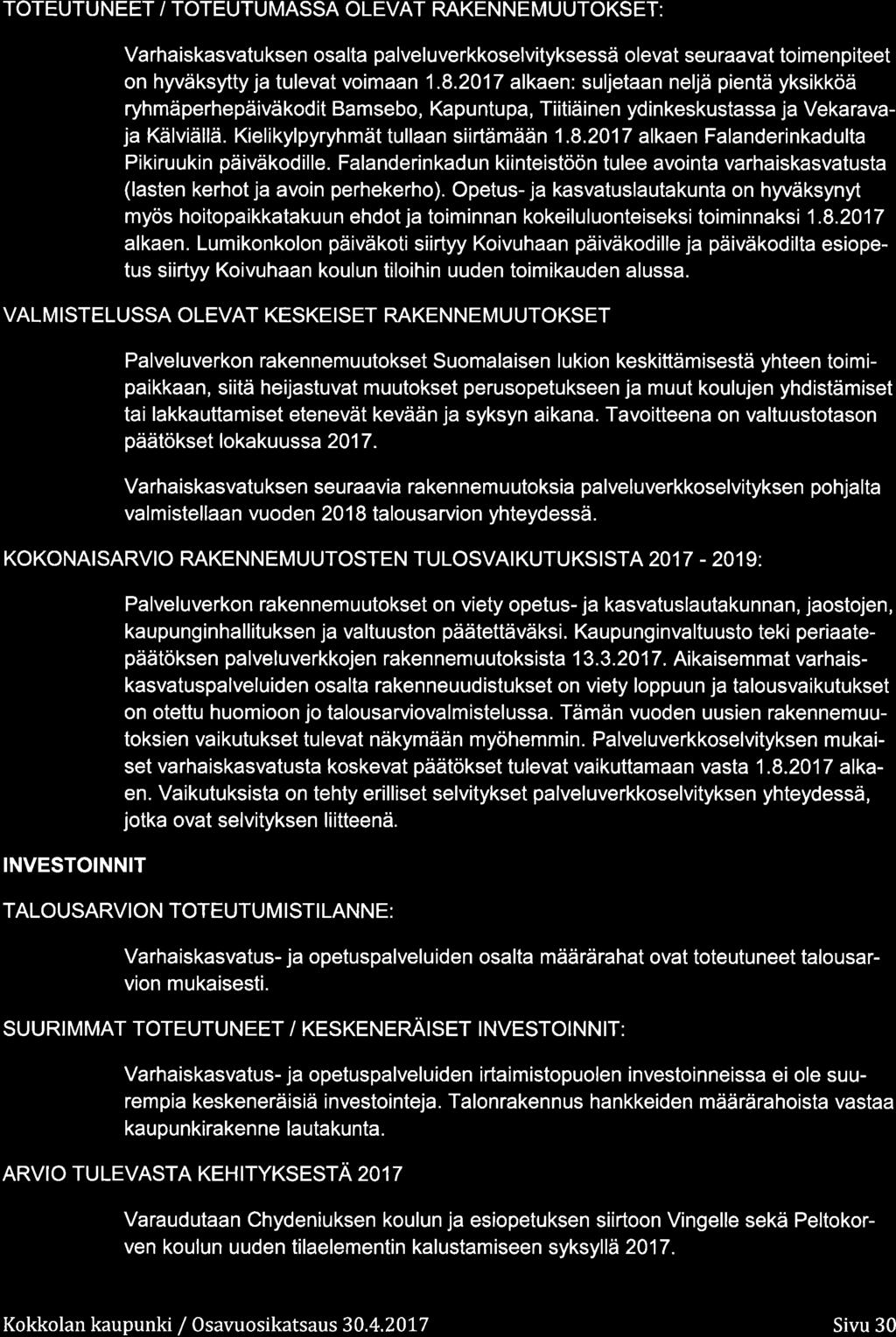TOTEUTU EET / TOTEUTU MASSA OLEVAT RAKE E M U UTOKS ET: Varhaiskasvatuksen salta palveluverkkselvityksessä levat seuraavat timenpiteet n hyväksytty ja tulevat vimaan 1.8.