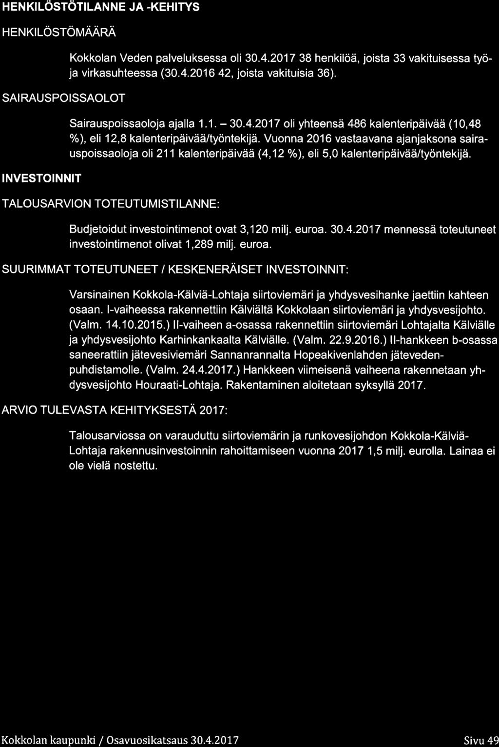 HEKILOSTOTILAE JA.KEHIWS HEKTLösröMAÄnq SAIRAUSPOISSAOLOT IVESTOIIT Kkklan Veden palveluksessa li 3.4.217 38 henkilöä, jista 33 vakituisessa työja virkasuhteessa (3.4.216 42, jista vakituisia 36), Sairauspissalja ajalla 1.
