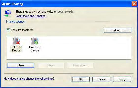 Windows Media Player v11 Windows XP - järjestelmässä 1 Verkkojakamisen määrittäminen 2 Valitse Windows Media Player -soittimen valikosta Library (Kirjasto) ja valitse Media sharing... (Median jakaminen.