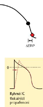 flekainidi lamaa myös sydäntä Takykardia voimistaa Vaikutus iskeemisessä (hidastunut repolarisaatio) kudoksessa suurempi Na-kanavan pitkäkestoinen salpaus pidentää