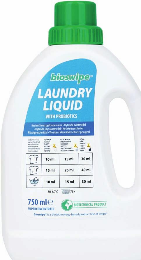 Lopputuloksena on hohtavan puhdas pyykki, joka säilyy pitkään hyväntuoksuisena. BioSwipe Laundry Liquid on erittäin tiivistetty probiootteja sisältävä nestemäinen pyykinpesuaine.