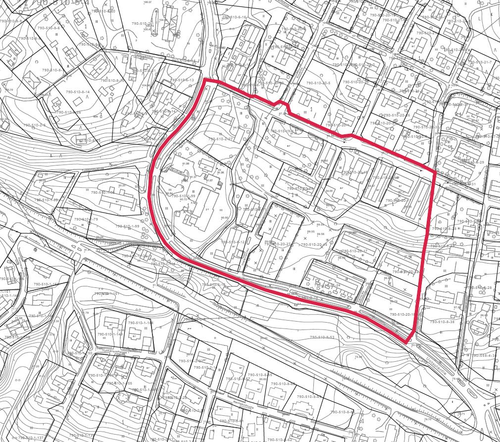 Asemakaavanmuutoksen suunnittelualue kantakartalla, alueen rajaus tarkentuu suunnittelutyön yhteydessä. Kaava-alueen rajaus punaisella. 2.3.