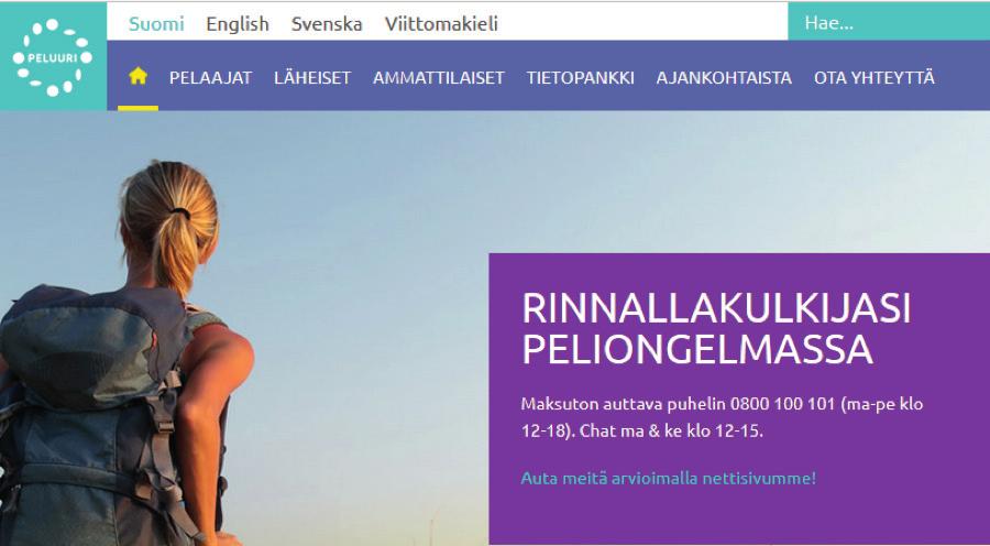 PELUURIN VERKKOSIVUJEN ETUSIVU KUVA 1. Peluurin verkkosivuilla on omat osiot suomeksi, englanniksi, ruotsiksi sekä viittomakielellä.