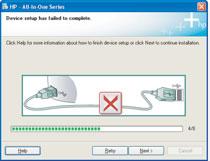 Lisätietoja on kohdassa A. Problem: Microsoft-skjermbildet Legg til maskinvare vises. Handling: Klikk på Avbryt. Ta ut USB-kabelen, og sett deretter inn Windows -CDen for HP All-in-One. Se del A.