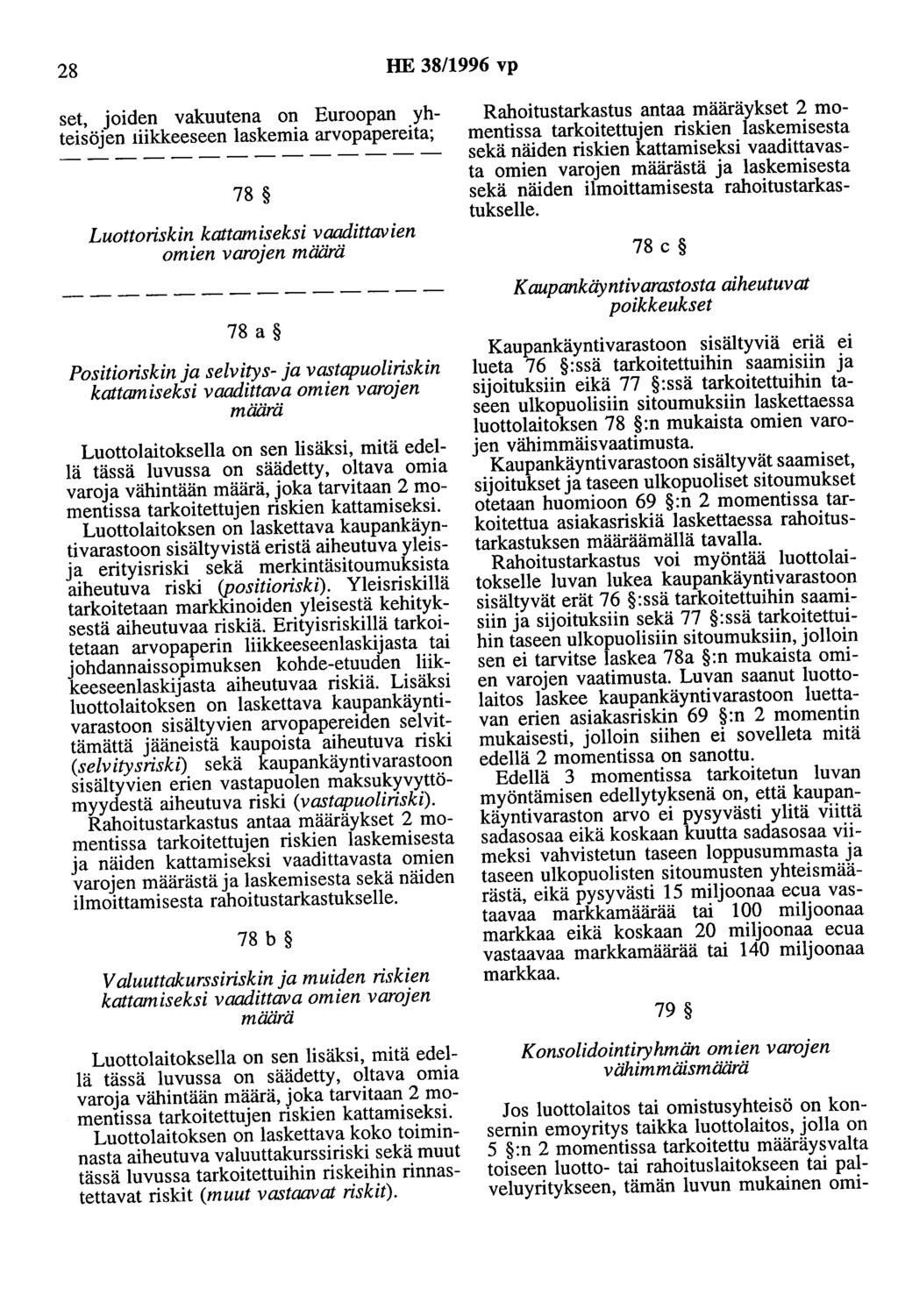 28 HE 38/1996 vp set, joiden vakuutena on Euroopan yhteisöjen liikkeeseen laskemia arvopapereita; 78 Luottoriskin kattamiseksi vaadittavien omien varojen määrä 78 a Positioriskin ja selvitys- ja