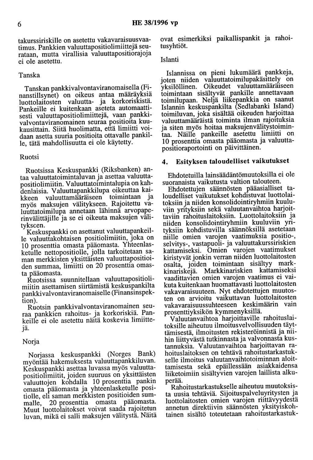 6 HE 38/1996 vp takurssiriskille on asetettu vakavaraisuusvaatimus. Pankkien valuuttapositiolimiittejä seurataan, mutta virallisia valuuttapositiorajoja ei ole asetettu.