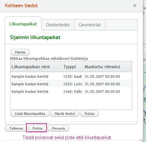 Liikuntapaikan poistaminen karttaselauksen yhteydessä: Etsi kohde karttaan joko pikahaulla tai lataamalla kyseisen liikuntapaikkatyypin paikat kartalle. Klikkaa hiirellä liikuntapaikkaa kartalla.