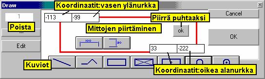 Kuvioiden lisääminen (viiva, suorakaide, mitta,...) Piirustustyökaluikkuna: Kuvaan voidaan lisätä yksinkertaisia piirustusalkioita.