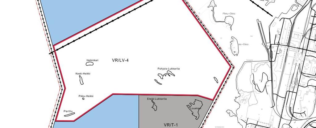Suunnittelualuetta koskevia kaavamerkintöjä ovat: Valtakunnalliseen rantojensuojeluohjelmaan kuuluvan alueen raja VR LV-4 RETKEILY- JA ULKOILUALUE VESILIIKENTEEN