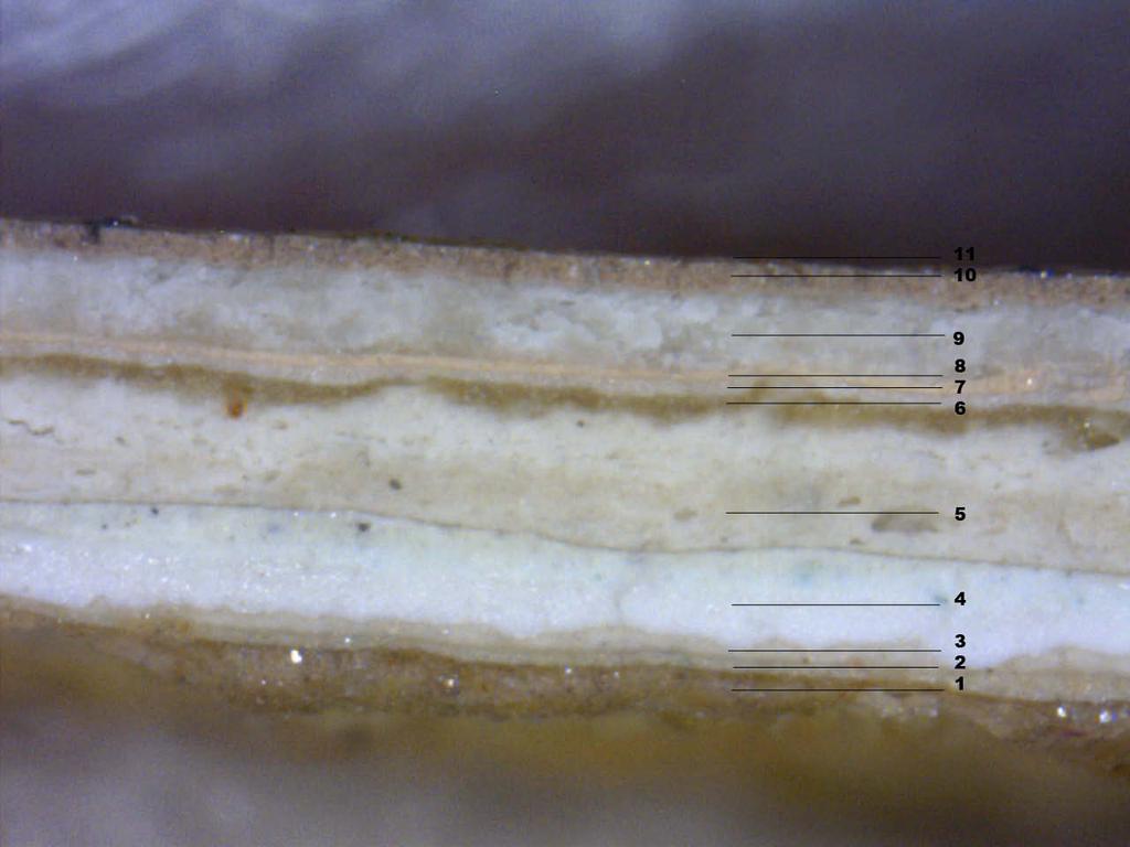 Näyte 2 5 Suurennos noin 200 x 1. Alkuperäinen maalikerros 2. Harmaa kerros (mahdollinen lakkapinta ootrauksen päällä?) 3. Harmaa kerros 4. Valkoinen pohjamaali 5. Tasoite 6. Rusehtava kerros 7.