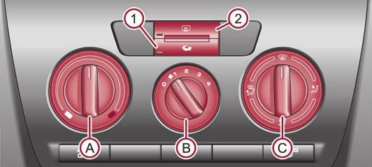 66 Lämmitys ja ilmastointilaite Lämmitys Käyttö Ilma tulee auton sisätiloihin lämmitysjärjestelmän kautta, joka lämmittää ilmaa tarpeen mukaan. Takalasinlämmitys Paina näppäintä A2.