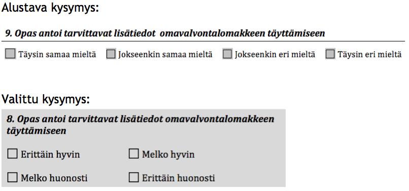 36 Kuva 8: Kyselylomakkeen kysymysten uudelleenmuotoilu Lopullisen kyselylomakkeen (Kuva 9) kysymyksiin valikoitui seitsemän eri kuvauksilla olevaa