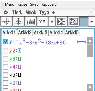Kirjoita lauseke x 3 3x 2 78x + 80 ja paina Enter (tulee