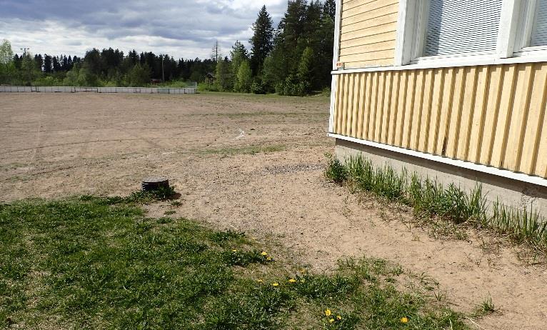 Piha-alueen kallistus on loiva rakennuksesta poispäin. Kuva 3. Kuva rakennuksen takasivulta.
