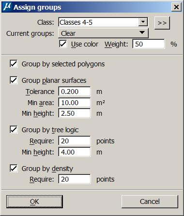 Assign groups Muodostaa ryhmiä valituissa luokissa olevista pisteistä Tyypillisesti korkea kasvillisuus tai keskikorkea+korkea kasvillisuus Voi käyttää neljää eri ryhmittelymenetelmää: Group by