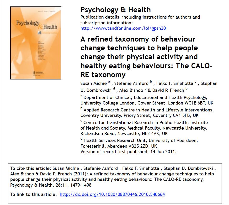 Behaviour Change Taxonomy ilmainen verkkokoulutus, taustaa ja tutkimusjulkaisuja: