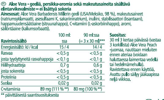 miehille ja naisille. Sopii erityisesti diabeetikoille. Hedelmäisen maun vuoksi sopii hyvin lapsille. Aloe Vera Drinking Gel Persikka on luonnontuote, jossa on 98 % puhdasta aloe vera-lehtigeeliä.