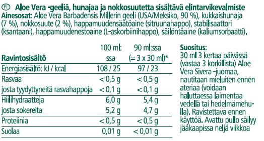 Aloe Vera Drinking Gel Sivera on luonnontuote, jossa on 90 % puhdasta Aloe veraa ja 7 % aitoa kukkaishunajaa sekä nokkosuutetta, jossa korkea pitoisuus luonnollista piitä.